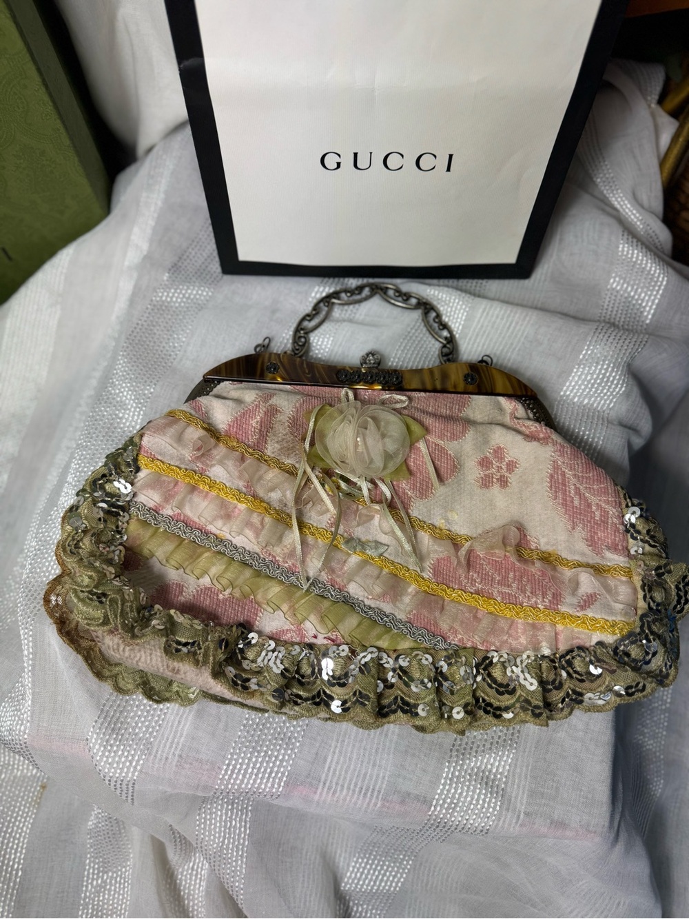 Vintage Pink & Cream Floral Embellished Evening Bag sequins Rose Chain